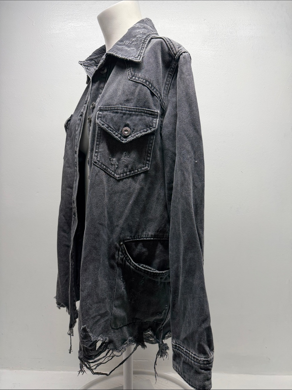 Free People Washed Black Distressed Oversized Denim Jacket - Picture 7 of 11